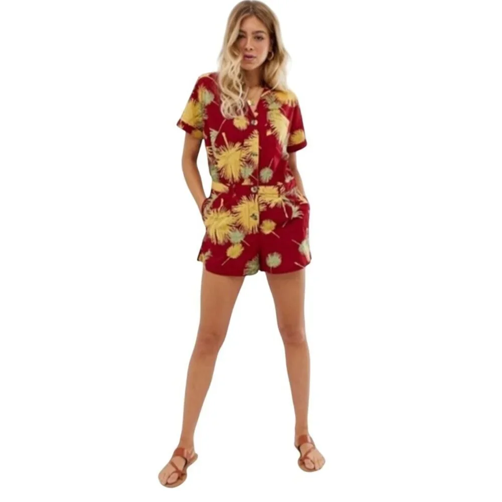 Free People Malibu Romper Button Front Pockets Sustainable Cotton Size M